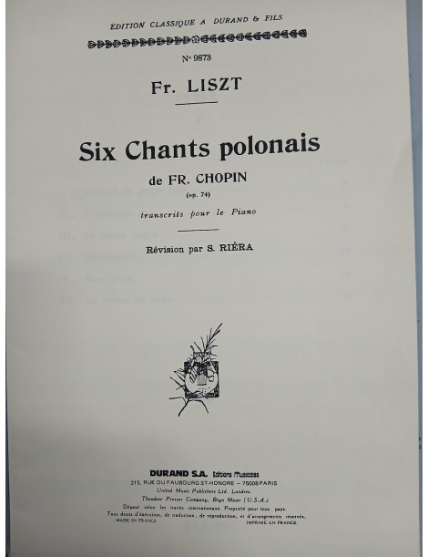 *CHOPIN SEI CANTI POLACCHI OP 74 TRASCRITTI DA FR. LITZ